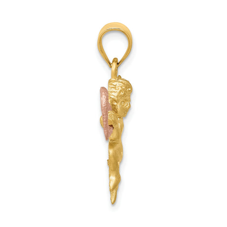 14k Two-Tone Gold Angel Pendant with Cherub Holding Rose Gold Heart, Satin Finish