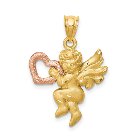 14k Two-Tone Gold Angel Pendant with Cherub Holding Rose Gold Heart, Satin Finish