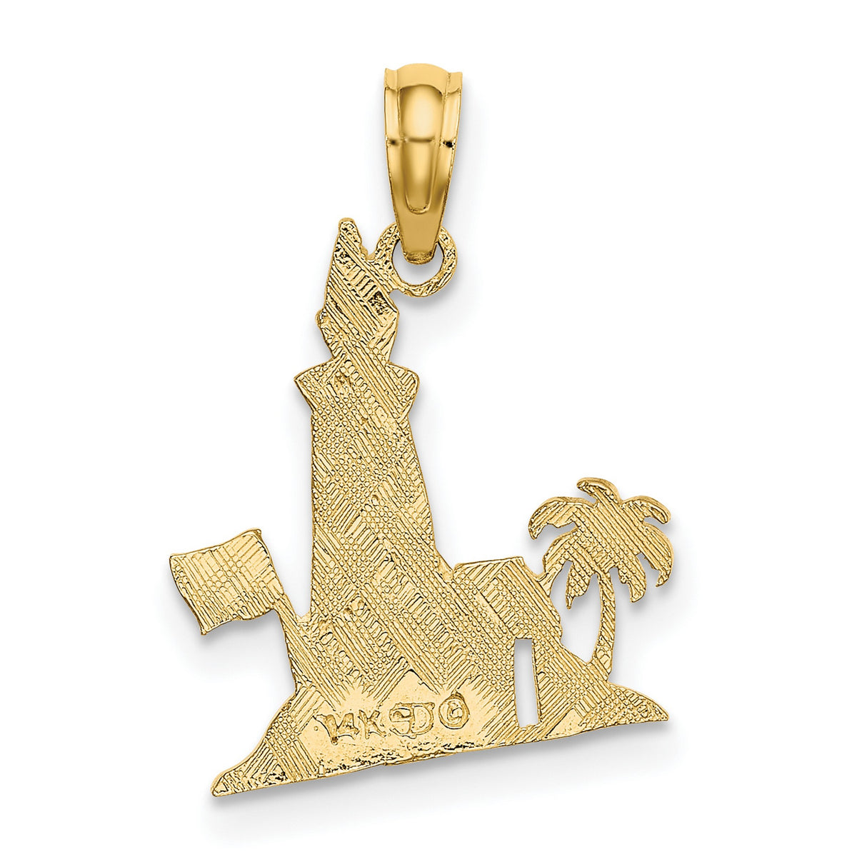 14k Yellow Gold Lighthouse Pendant with Palm Tree, House, and Flag Coastal Scene Charm