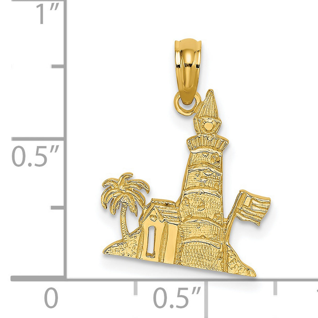 14k Yellow Gold Lighthouse Pendant with Palm Tree, House, and Flag Coastal Scene Charm