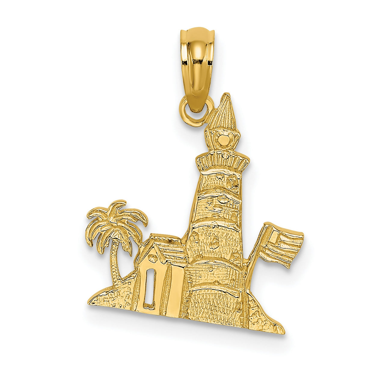 14k Yellow Gold Lighthouse Pendant with Palm Tree, House, and Flag Coastal Scene Charm