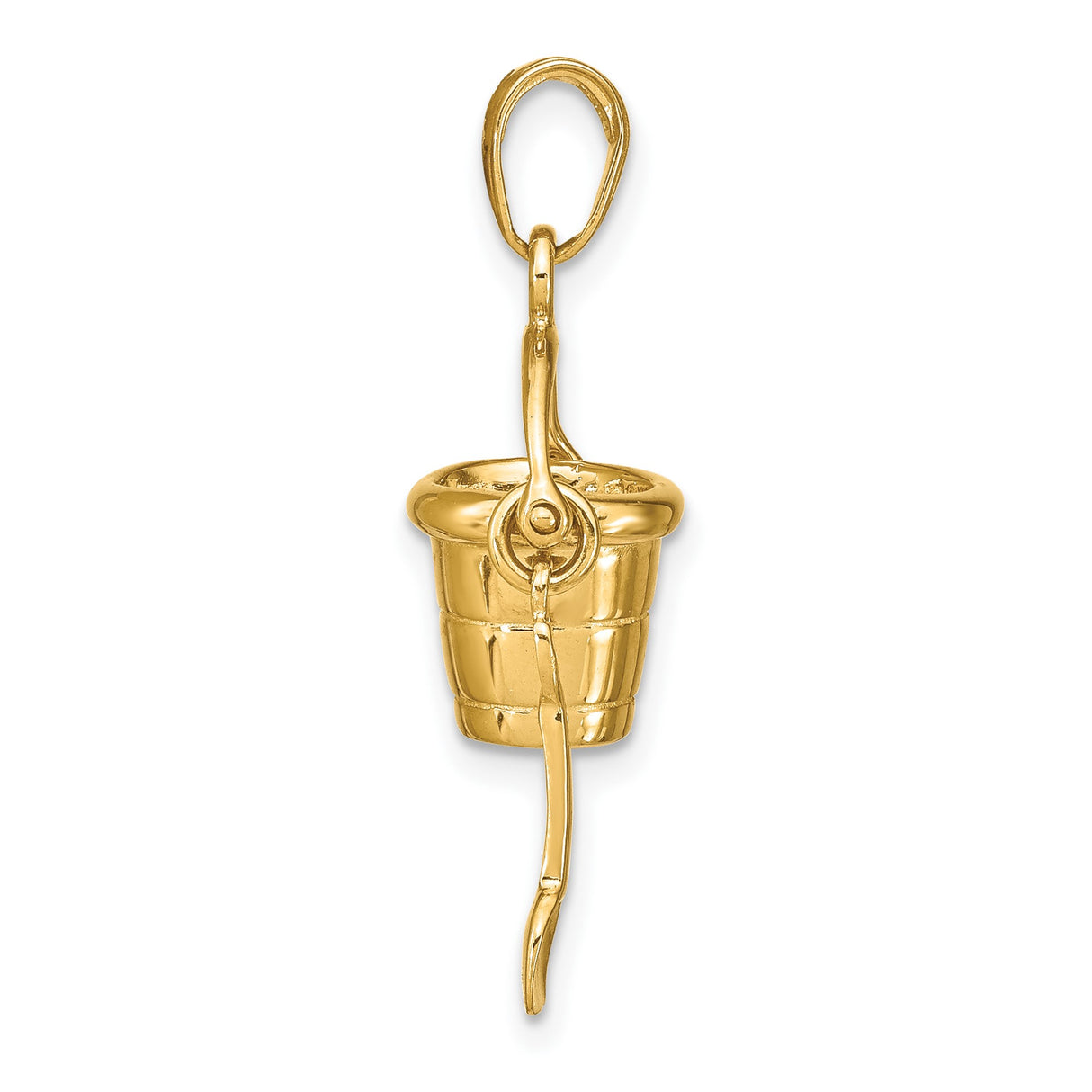 14k Yellow Gold Movable Bucket and Shovel Pendant, Ocean Theme Beach Charm