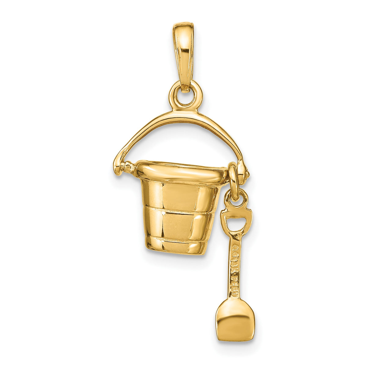 14k Yellow Gold Movable Bucket and Shovel Pendant, Ocean Theme Beach Charm