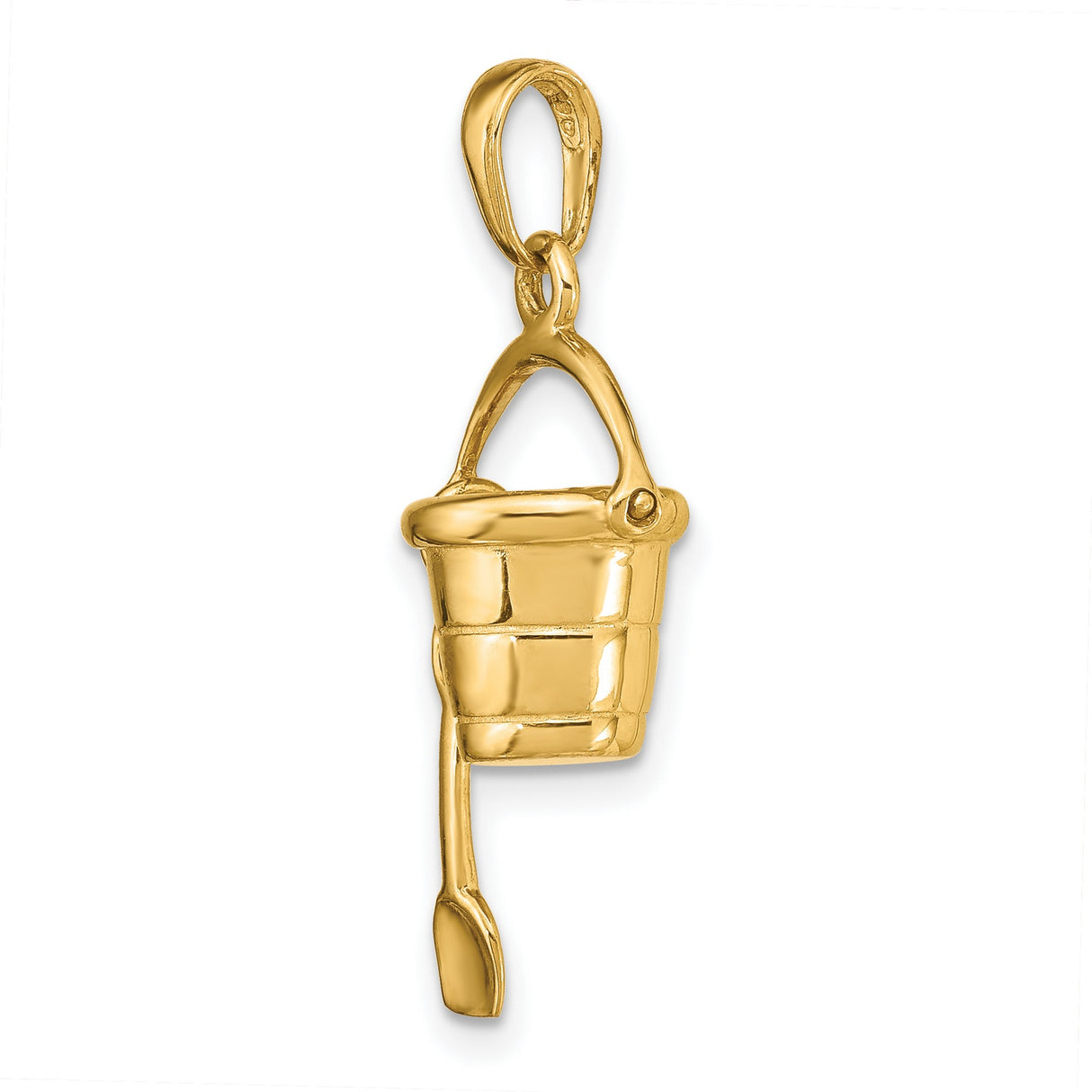 14k Yellow Gold Movable Bucket and Shovel Pendant, Ocean Theme Beach Charm