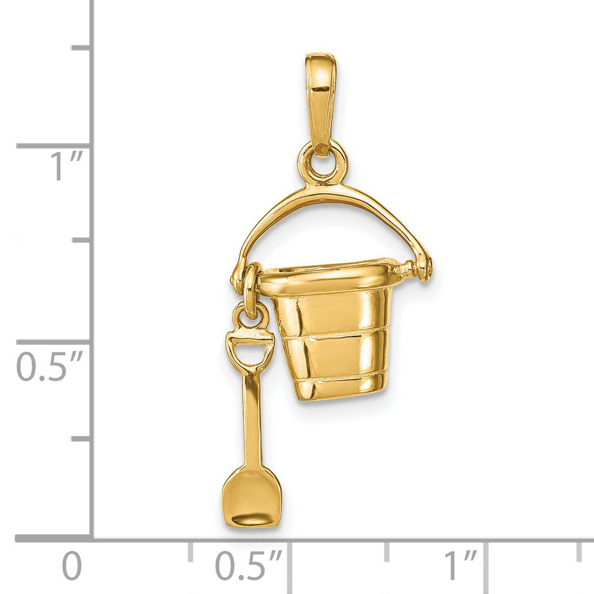 14k Yellow Gold Movable Bucket and Shovel Pendant, Ocean Theme Beach Charm