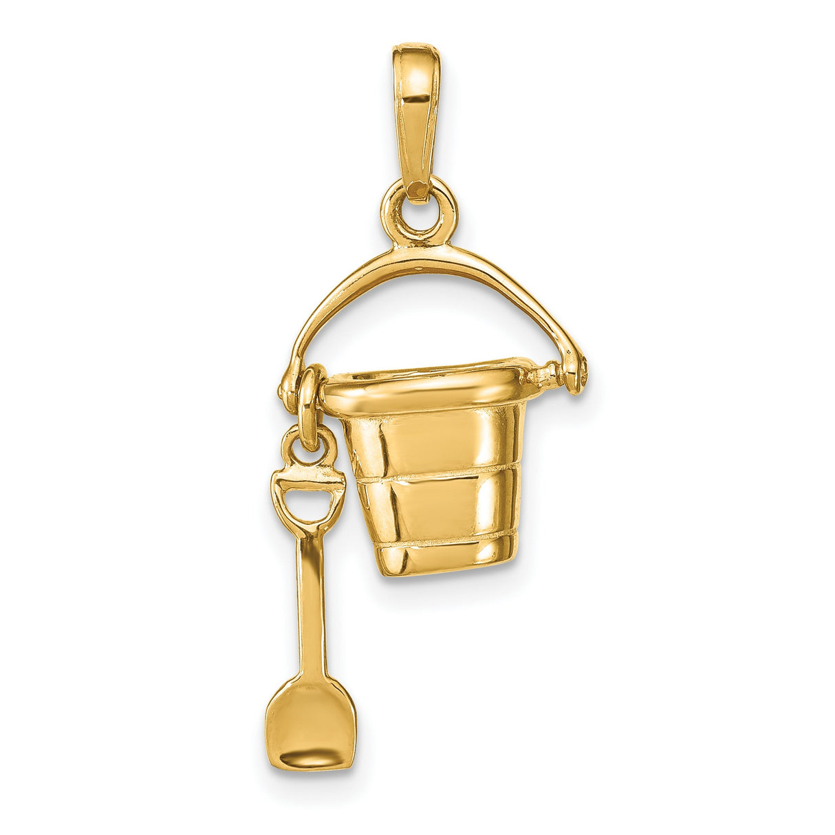 14k Yellow Gold Movable Bucket and Shovel Pendant, Ocean Theme Beach Charm