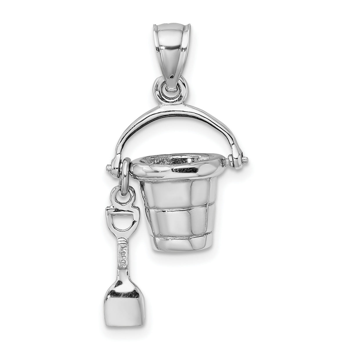 14k White Gold Bucket and Shovel Pendant, 3D Movable Beach Charm, Coastal Vacation Jewelry