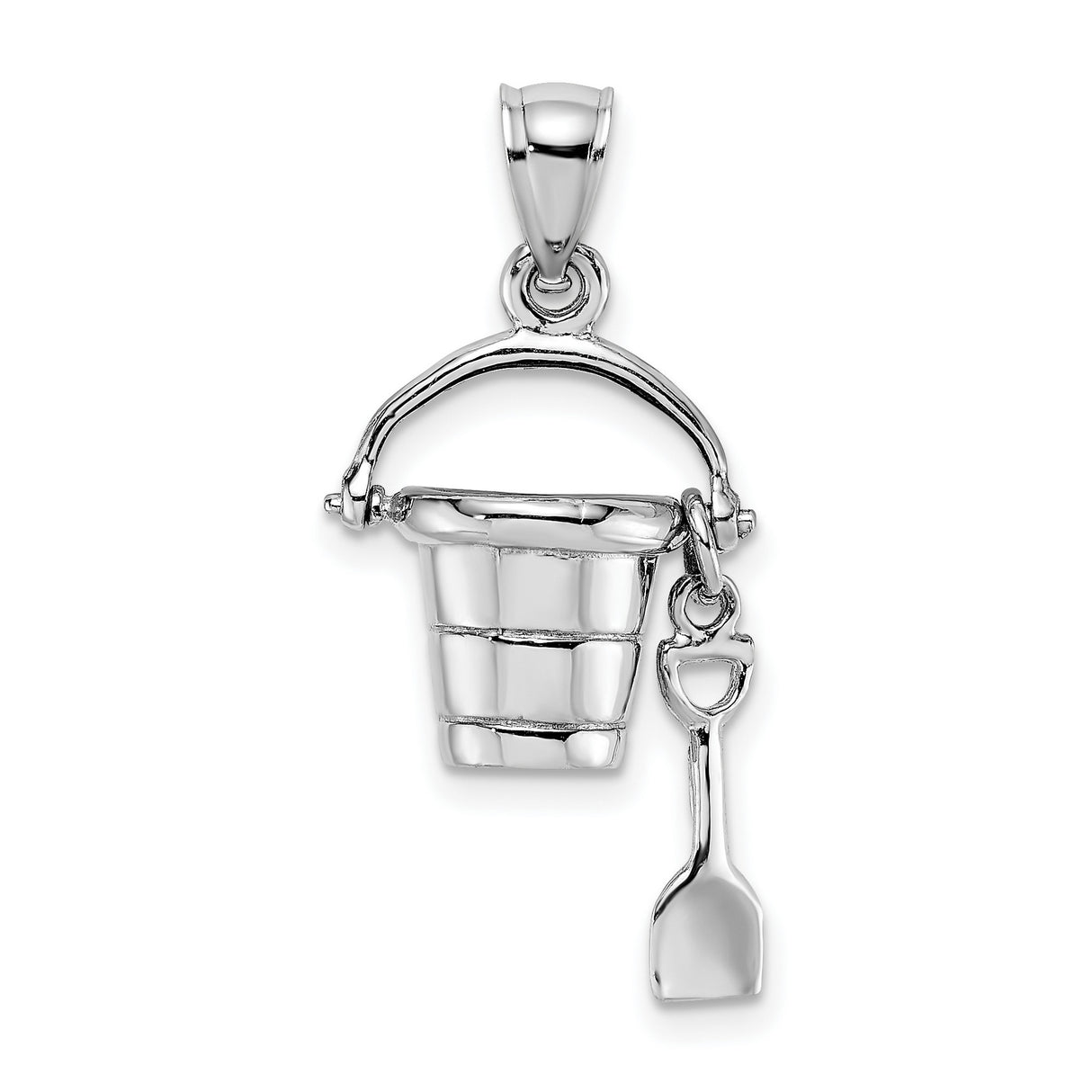 14k White Gold Bucket and Shovel Pendant, 3D Movable Beach Charm, Coastal Vacation Jewelry