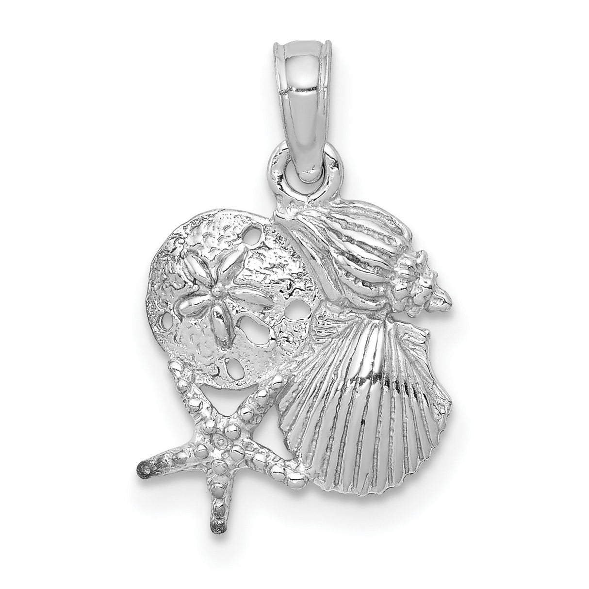 14k White Gold Beach Pendant with Sand Dollar, Starfish, Scallop and Conch Shells