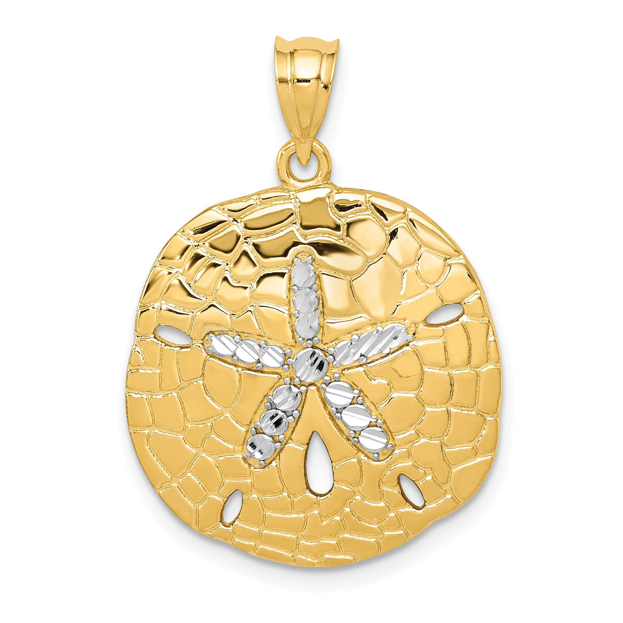 14k Multi-Tone Gold Sand Dollar Pendant with Textured Starfish Design, Coastal Beach Theme