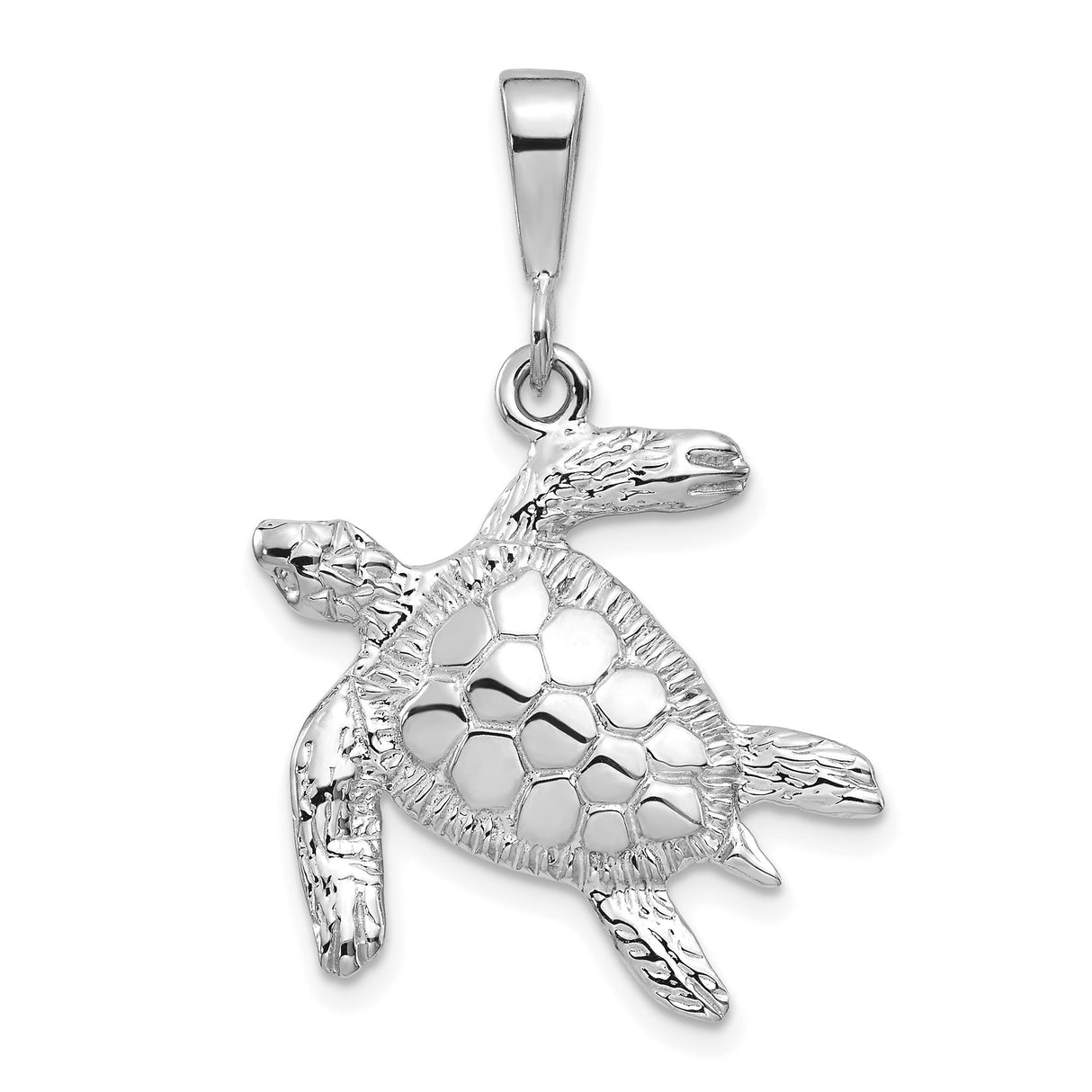 14k White Gold Sea Turtle Pendant with Detailed Shell and Flippers, Nautical Marine Life Charm