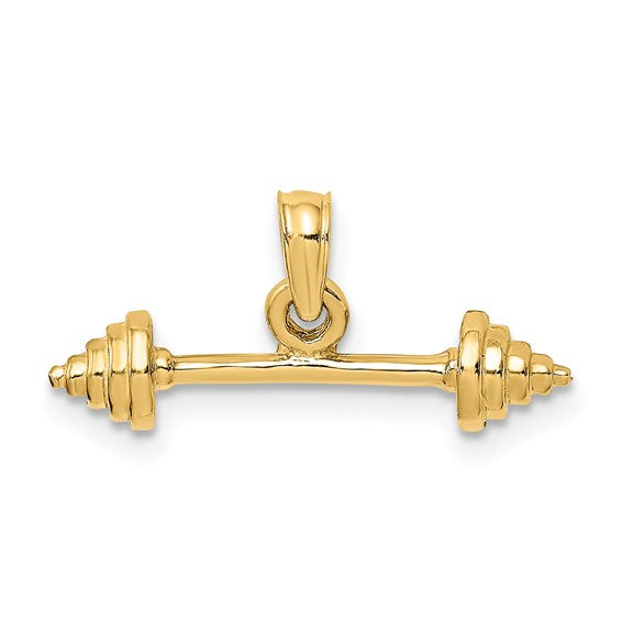 14k Yellow Gold Barbell Pendant, Solid Fitness Jewelry with Weightlifting Bar Design for Men and Women