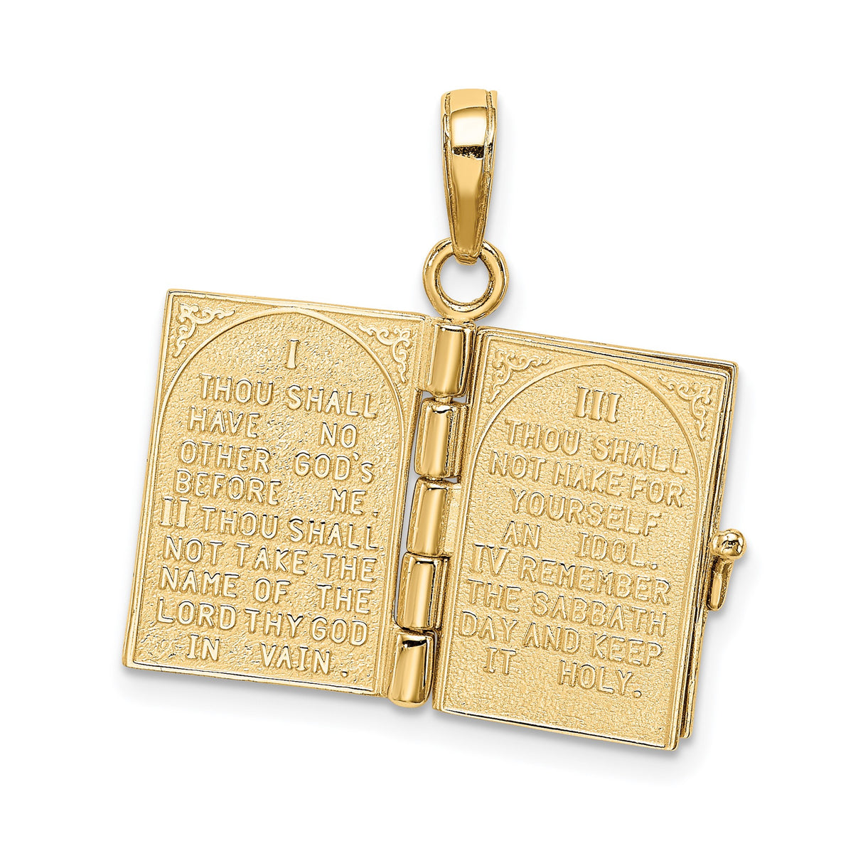 14k Yellow Gold Bible Book Pendant with Ten Commandments Tablets, Christian Faith Charm