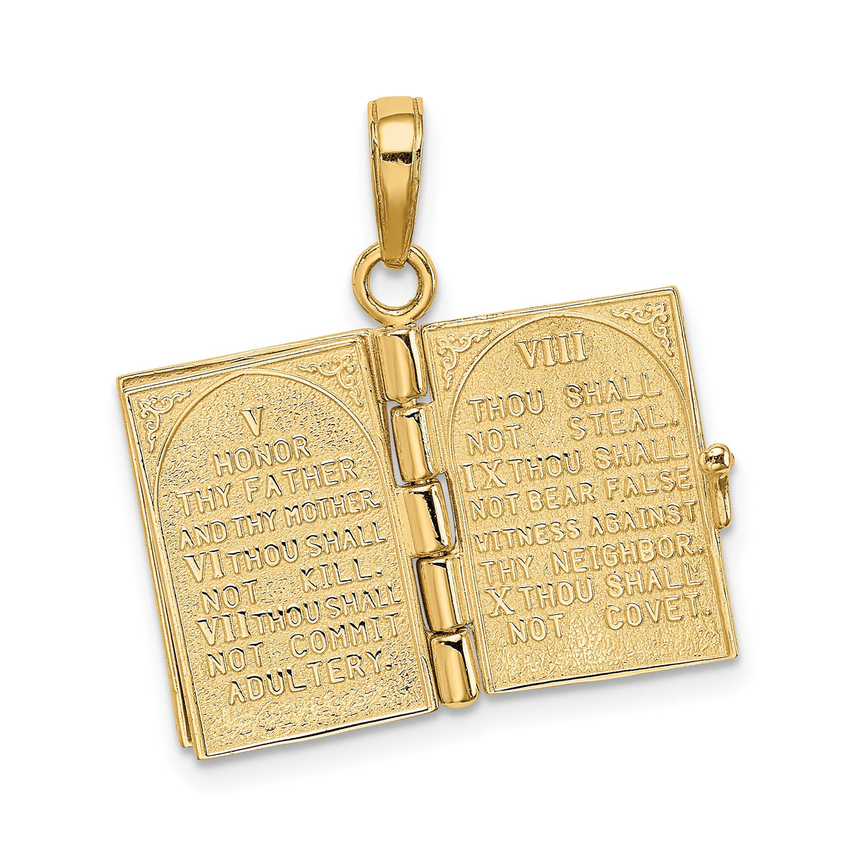 14k Yellow Gold Bible Book Pendant with Ten Commandments Tablets, Christian Faith Charm