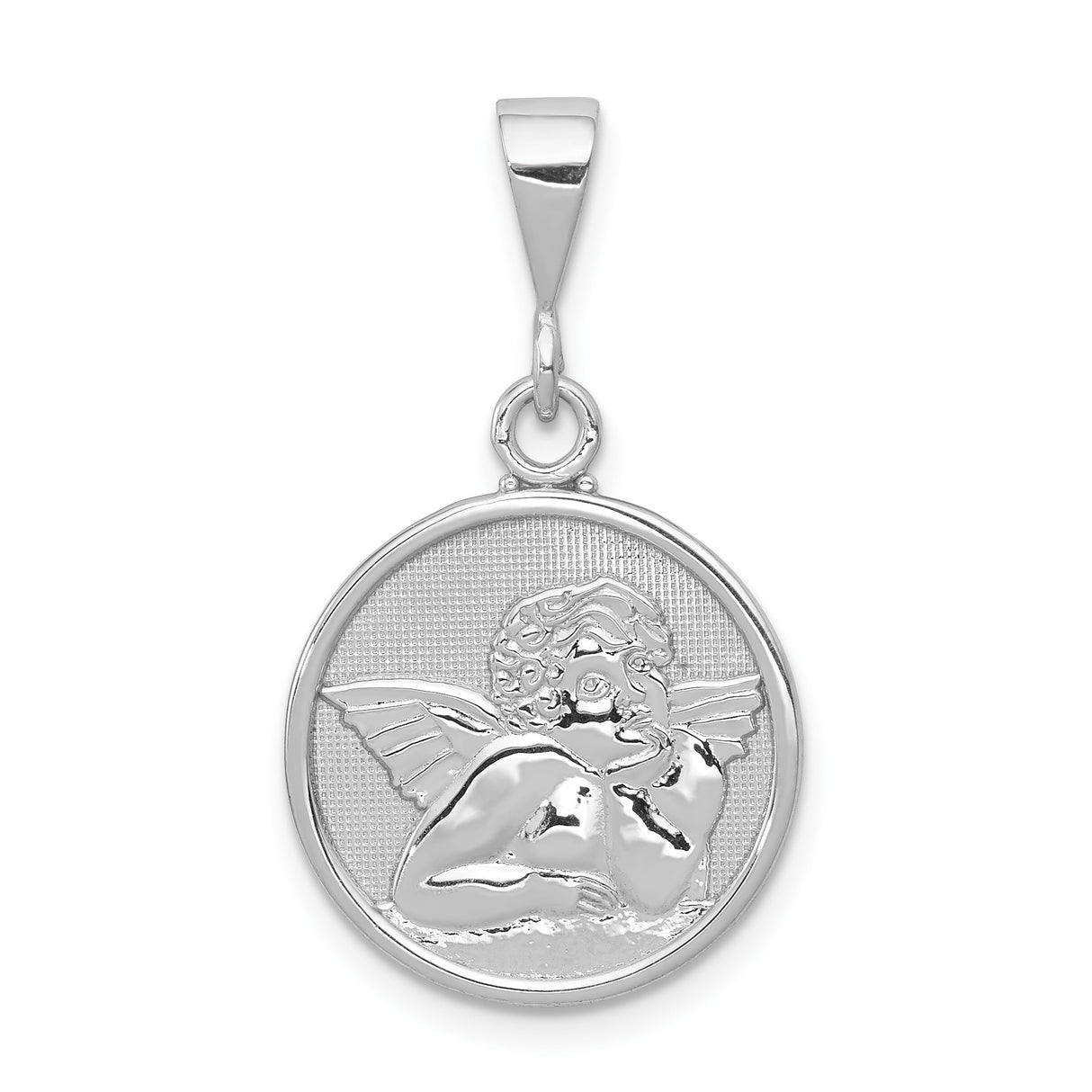 14k White Gold Cherub Angel Pendant Medallion with Satin Finish and Hand on Chin Design