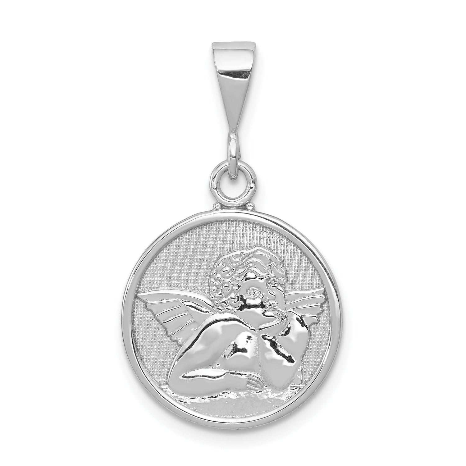 14k White Gold Cherub Angel Pendant Medallion with Satin Finish and Hand on Chin Design