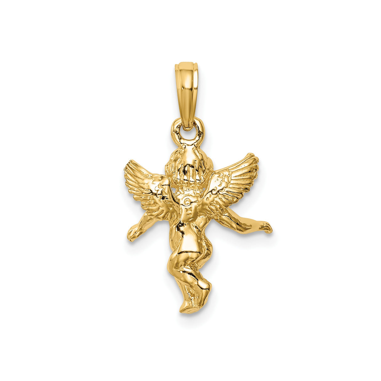 14k Yellow Gold Angel Pendant with Outstretched Wings, Cherub Religious Charm