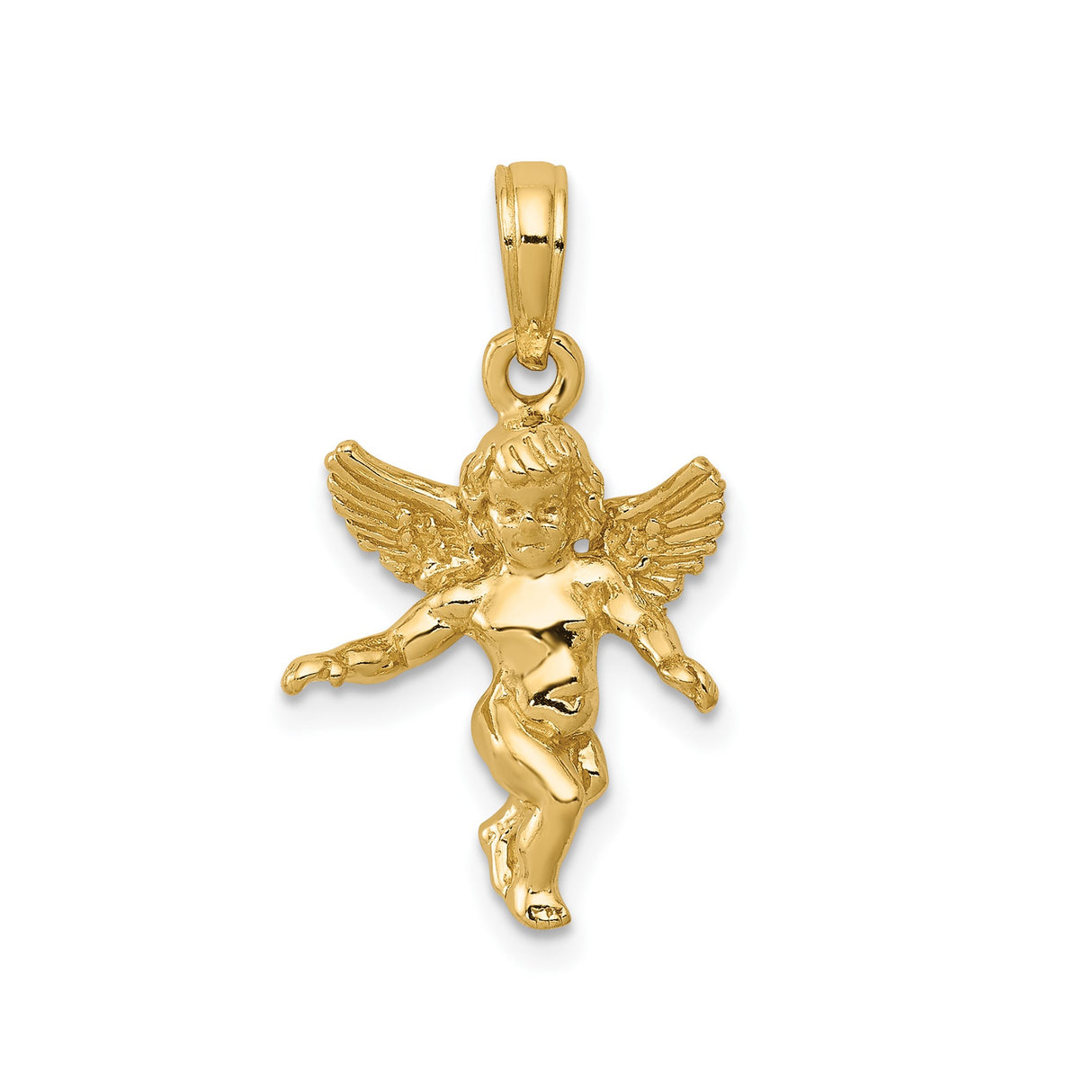 14k Yellow Gold Angel Pendant with Outstretched Wings, Cherub Religious Charm