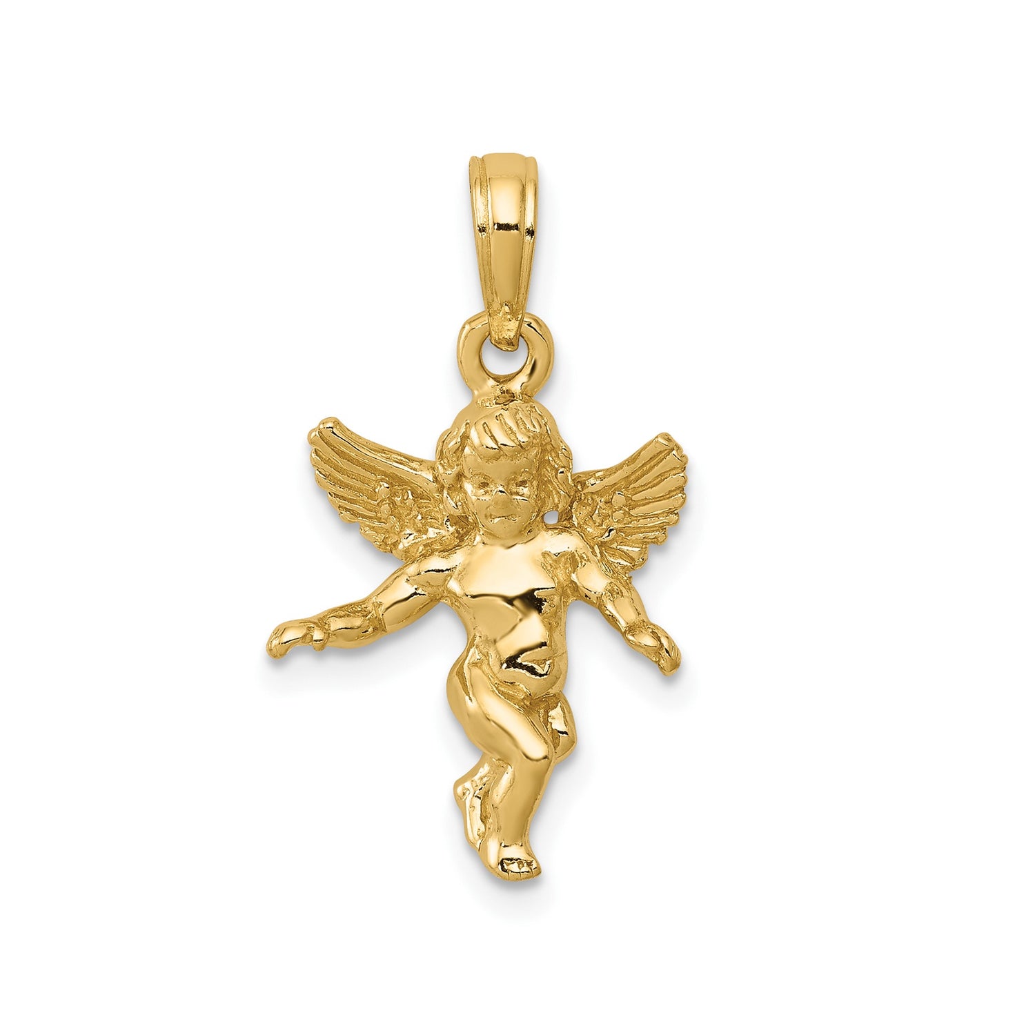 14k Yellow Gold Angel Pendant with Outstretched Wings, Cherub Religious Charm