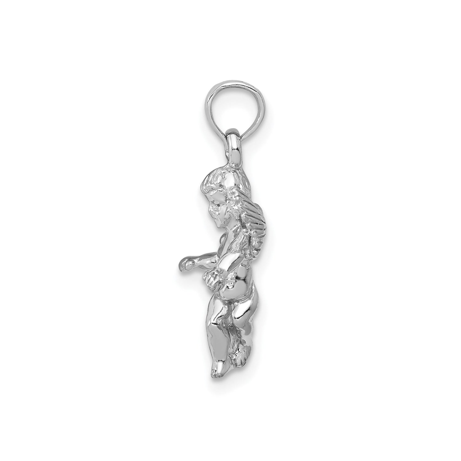14k White Gold Angel Pendant with Detailed Cherub and Wings, Christian Religious Charm