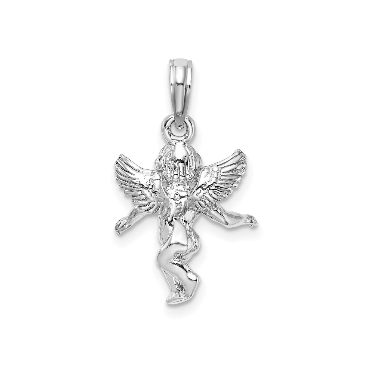 14k White Gold Angel Pendant with Detailed Cherub and Wings, Christian Religious Charm