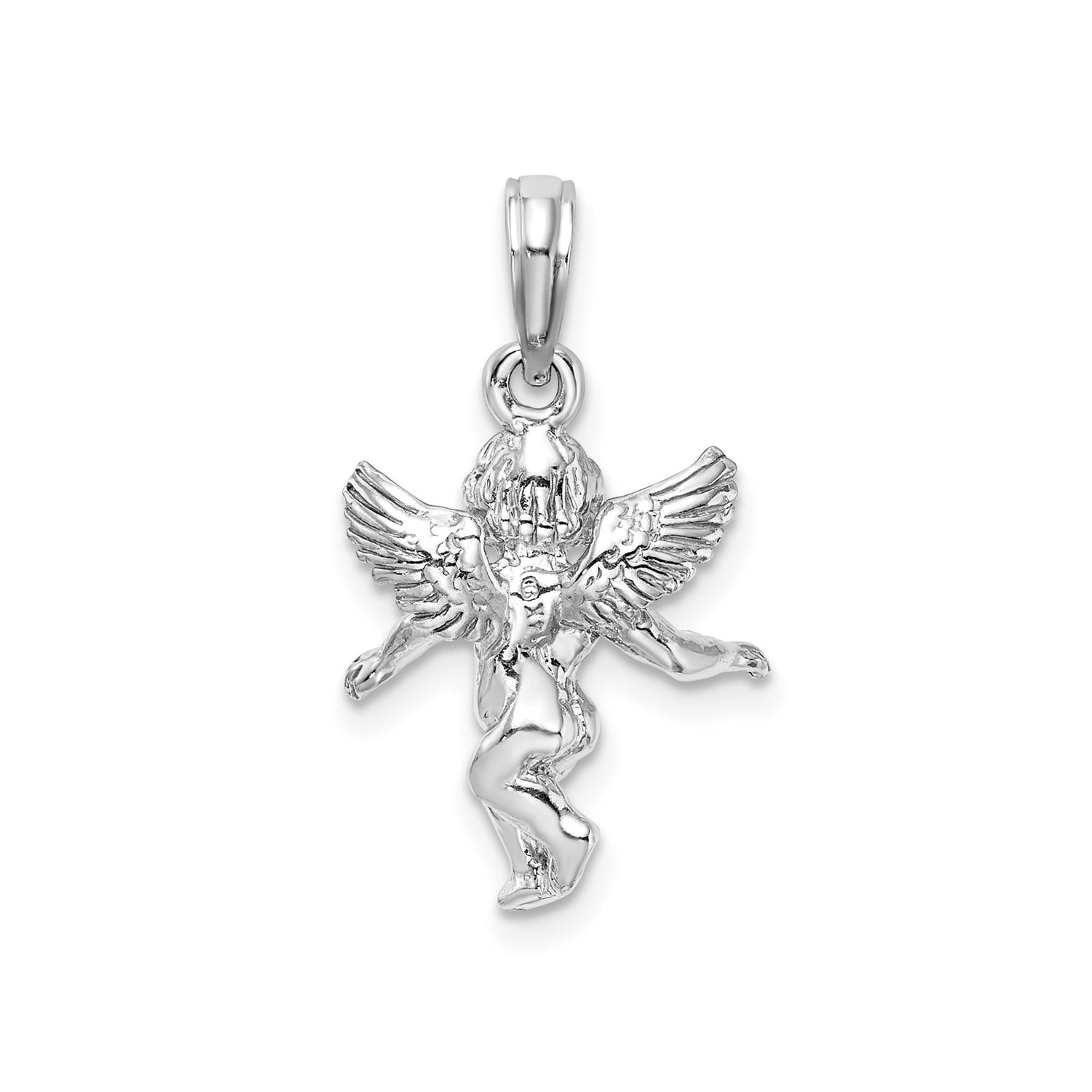 14k White Gold Angel Pendant with Detailed Cherub and Wings, Christian Religious Charm