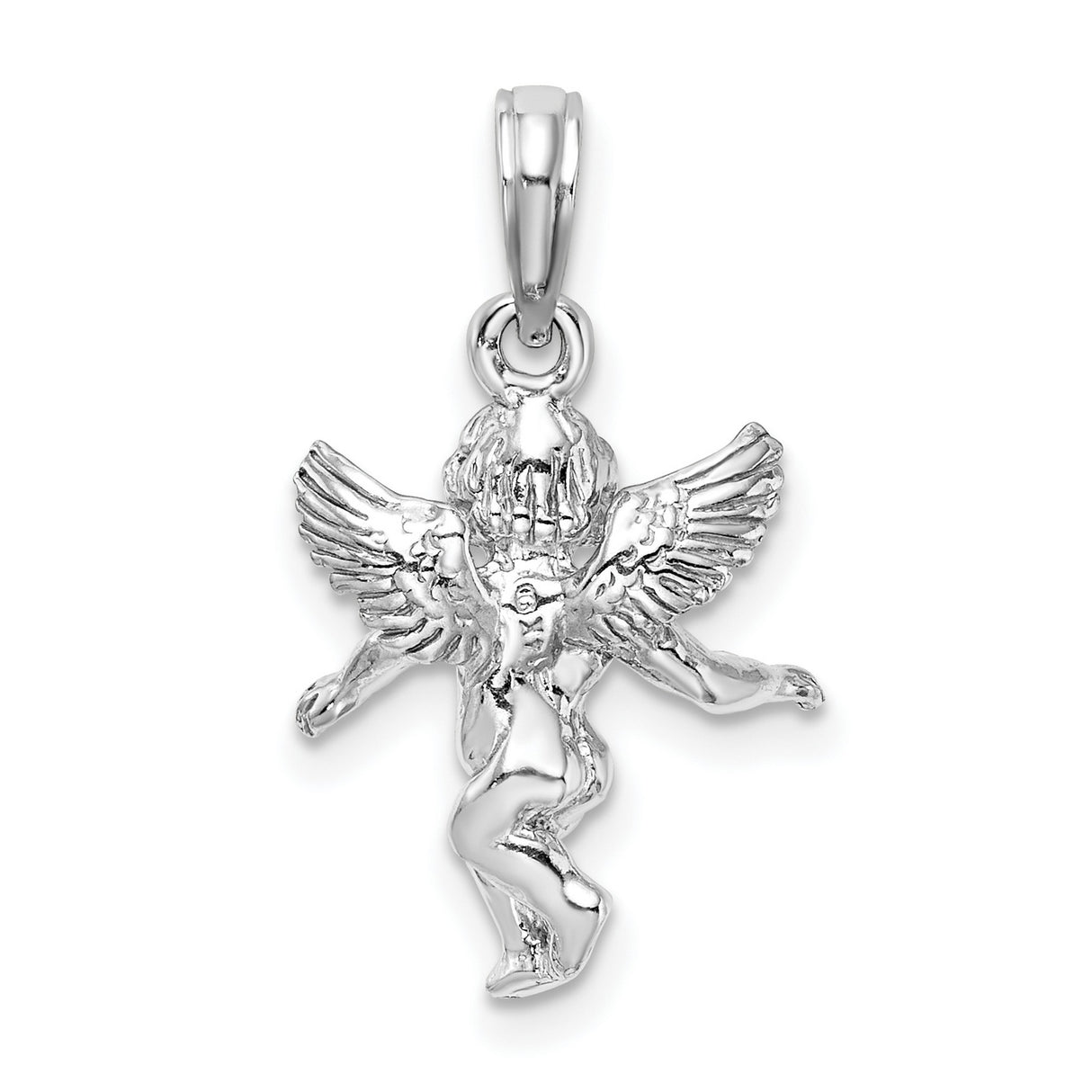 14k White Gold Angel Pendant with Detailed Cherub and Wings, Religious Christian Jewelry