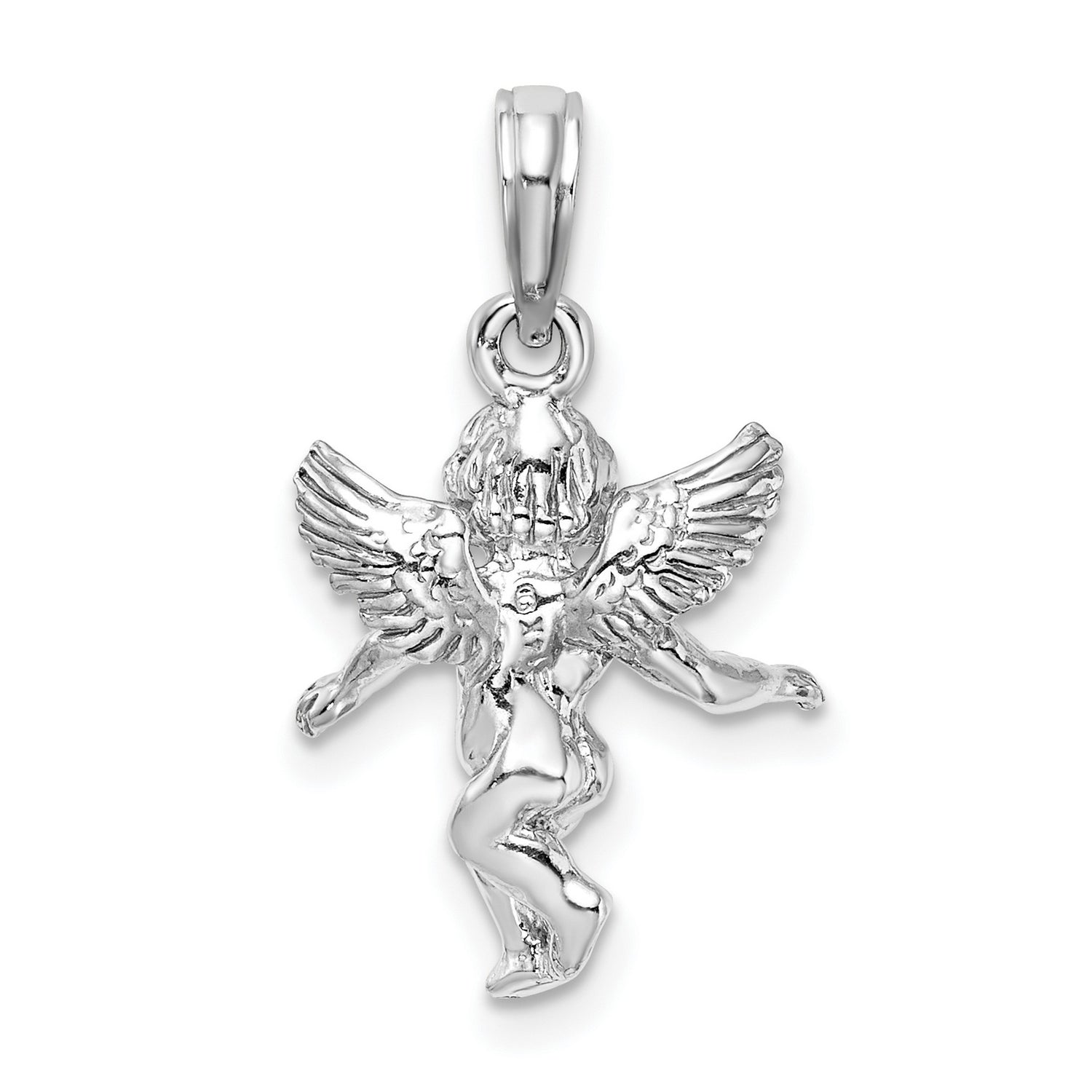 14k White Gold Angel Pendant with Detailed Cherub and Wings, Religious Christian Jewelry