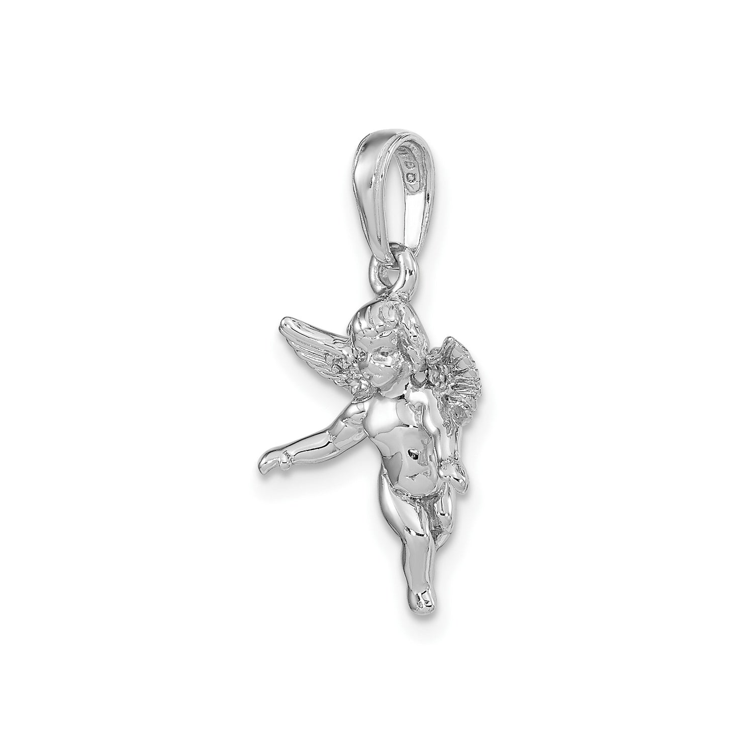 14k White Gold Angel Pendant with Detailed Cherub and Wings, Christian Religious Charm