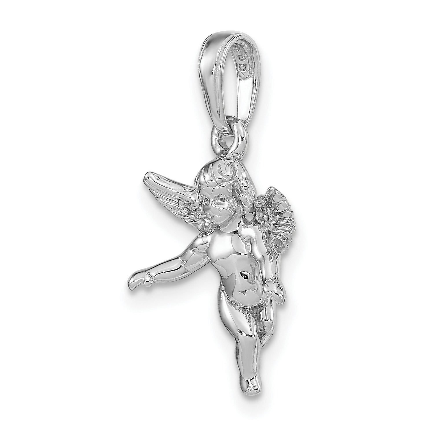 14k White Gold Angel Pendant with Detailed Cherub and Wings, Religious Christian Jewelry