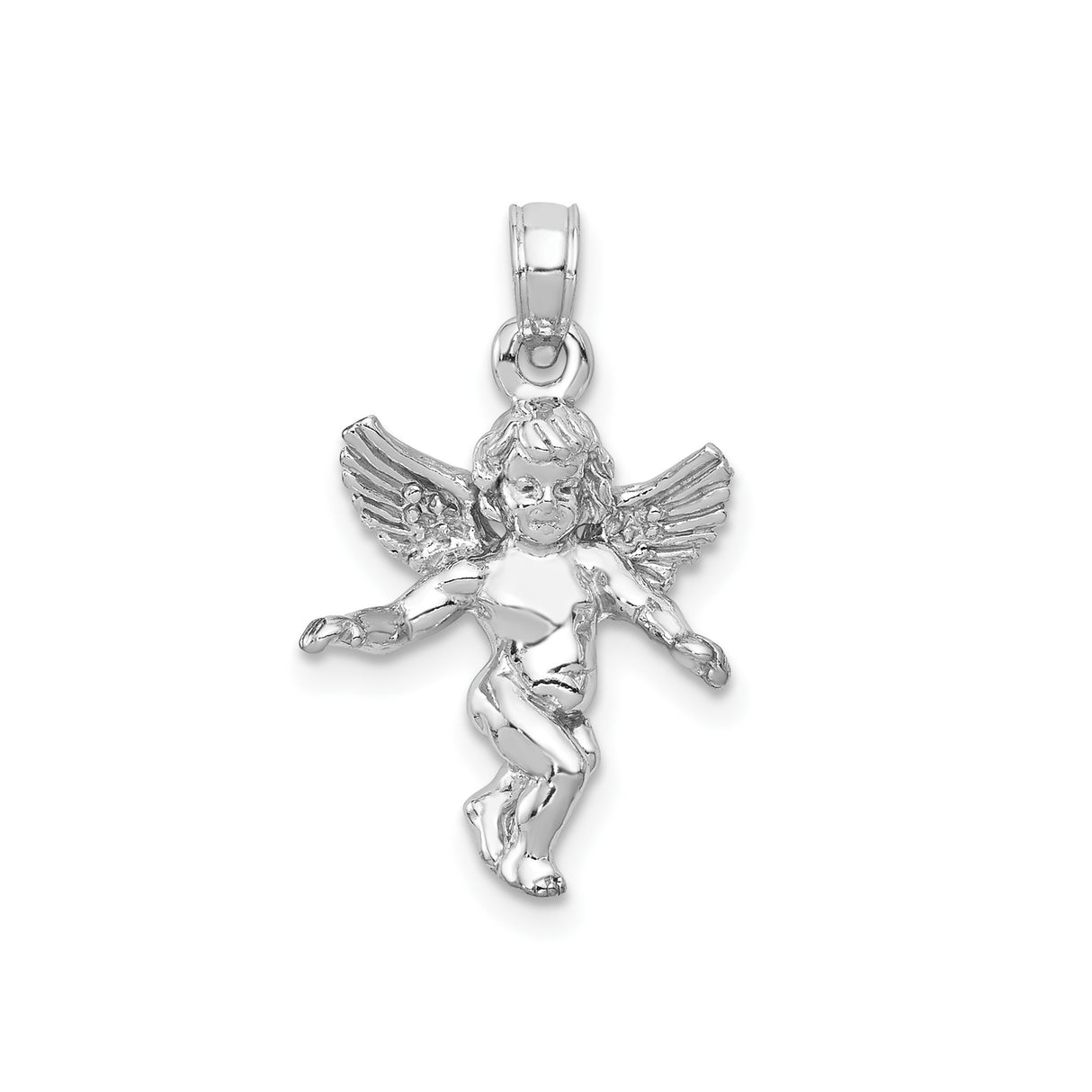 14k White Gold Angel Pendant with Detailed Cherub and Wings, Christian Religious Charm