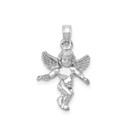14k White Gold Angel Pendant with Detailed Cherub and Wings, Christian Religious Charm