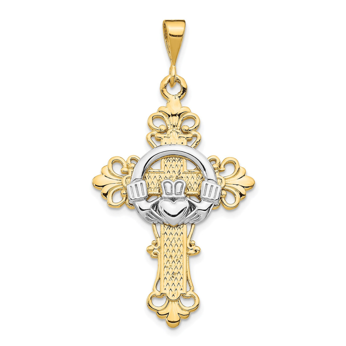 14k Two-Tone Gold Cross Pendant with Patonce Design and Claddagh Symbol Celtic Style