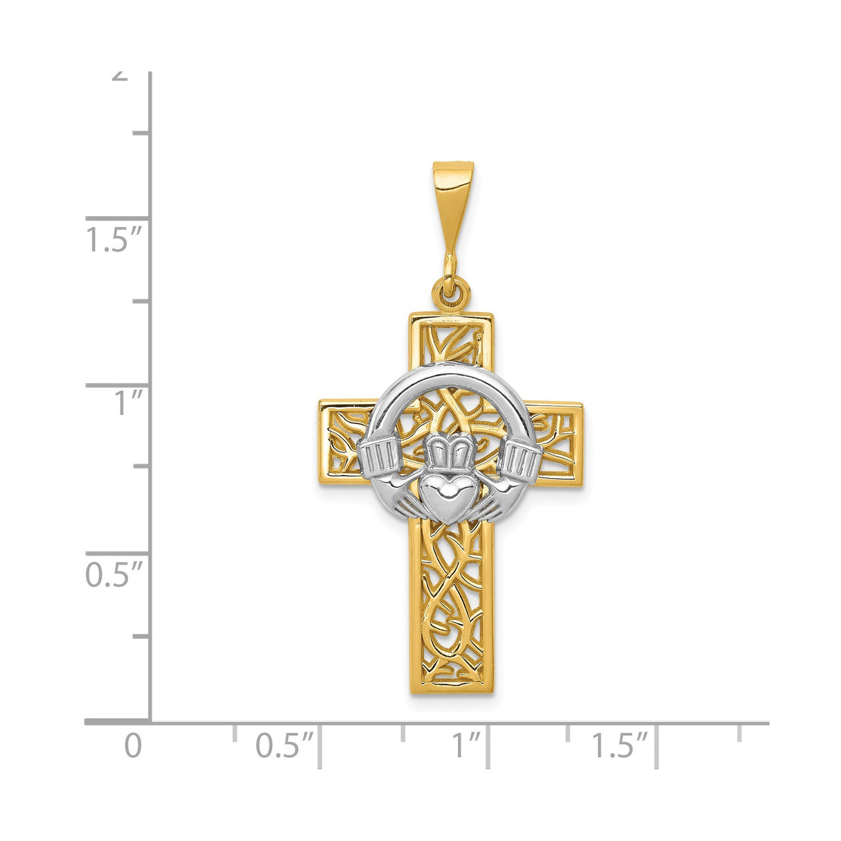 14k Two-Tone Gold Claddagh Cross Pendant with Celtic Knot and Filigree Design