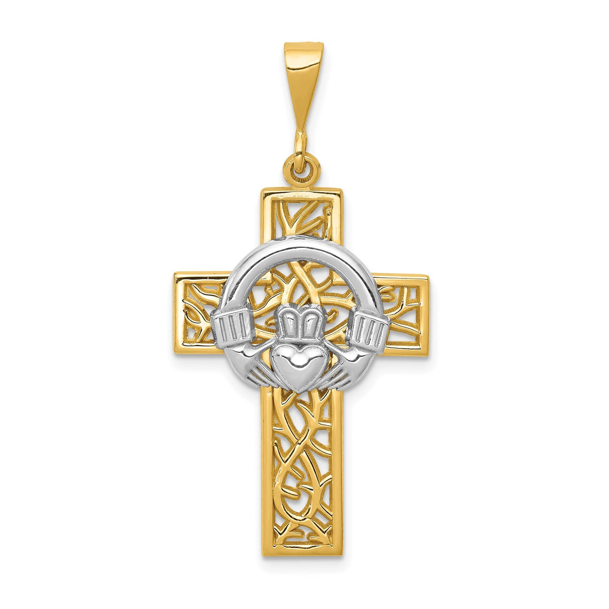 14k Two-Tone Gold Claddagh Cross Pendant with Celtic Knot and Filigree Design