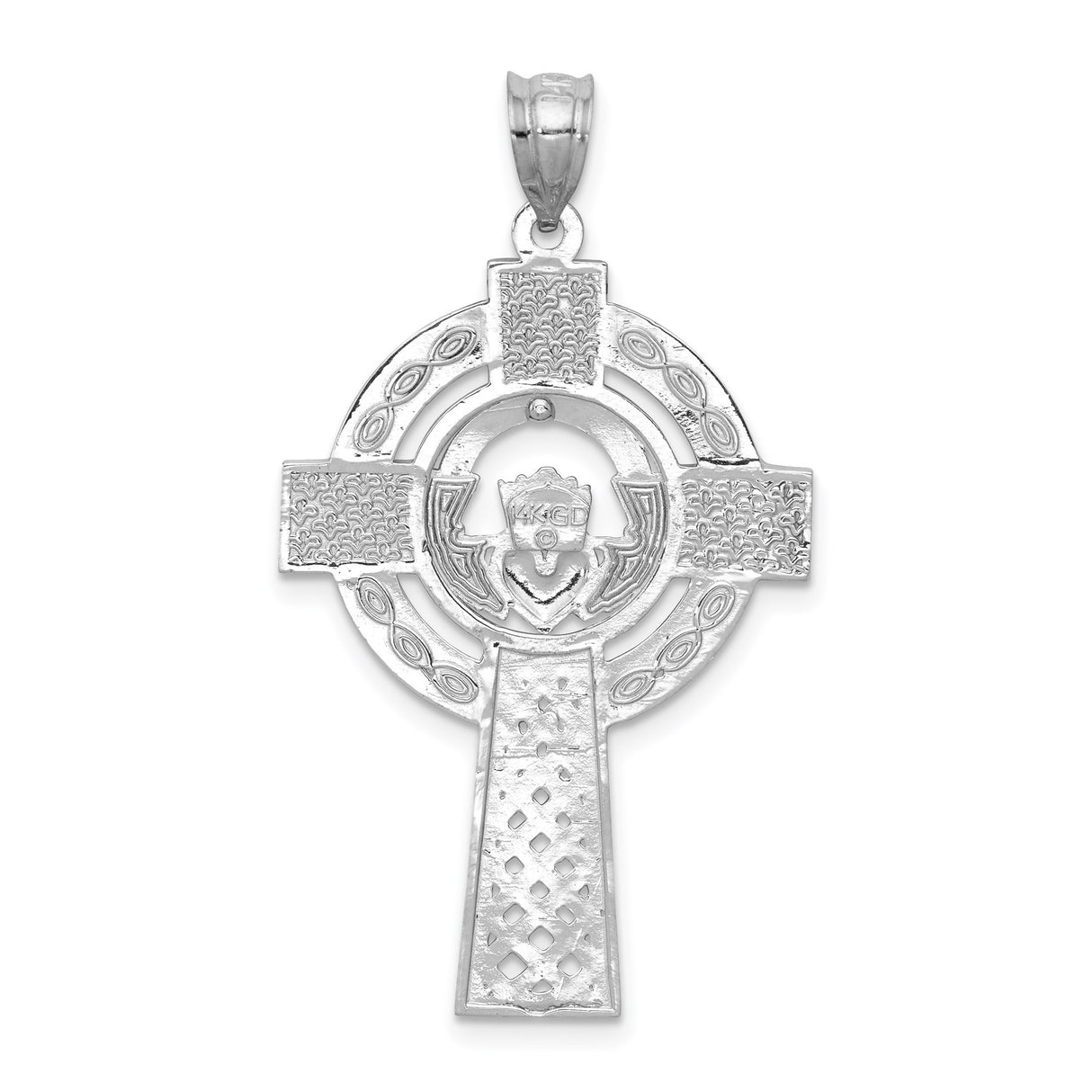 14k White Gold Claddagh Cross Pendant with Celtic Knotwork and Iona Crown Heart Design