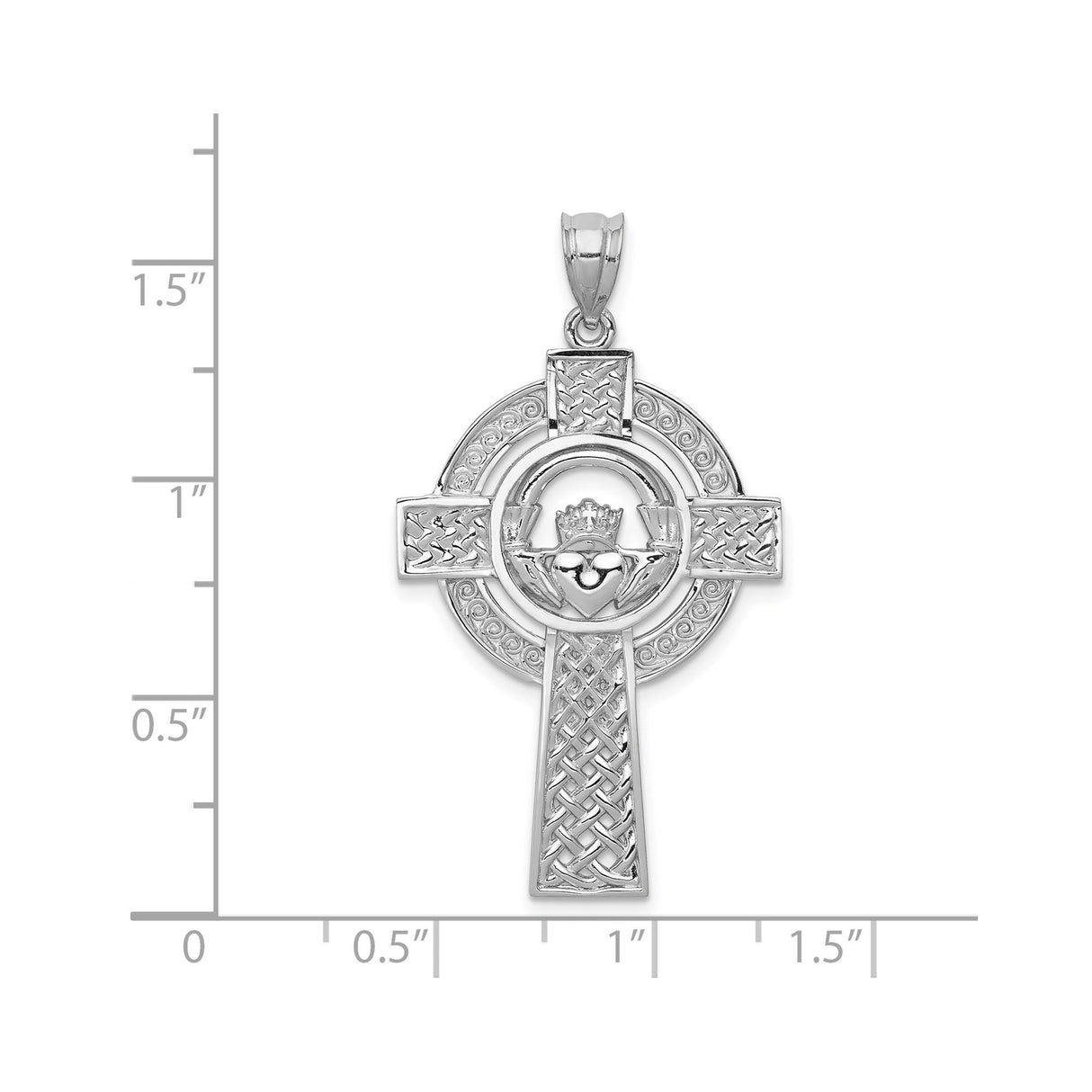 14k White Gold Claddagh Cross Pendant with Celtic Knotwork and Iona Crown Heart Design