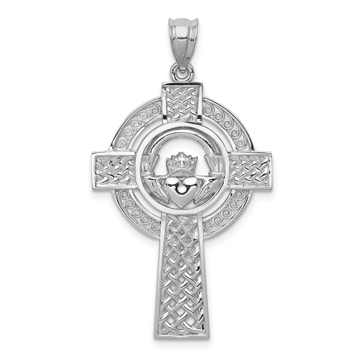 14k White Gold Claddagh Cross Pendant with Celtic Knotwork and Iona Crown Heart Design