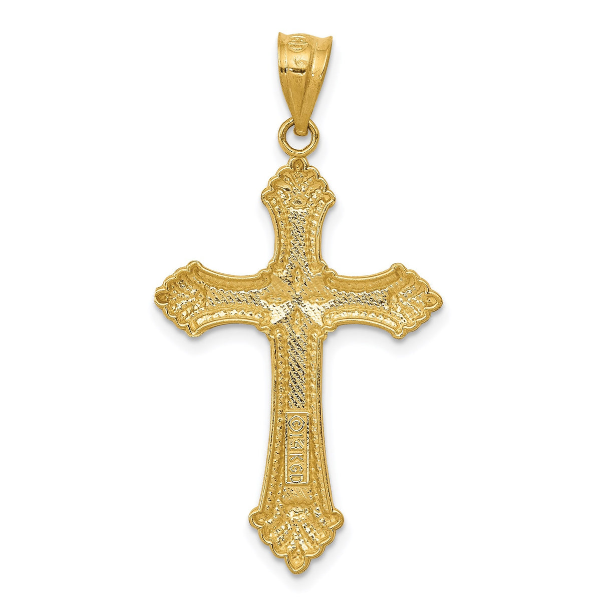 14k Yellow Gold Cross Pendant with Fleur De Lis and Textured Beading, Vintage Religious Charm