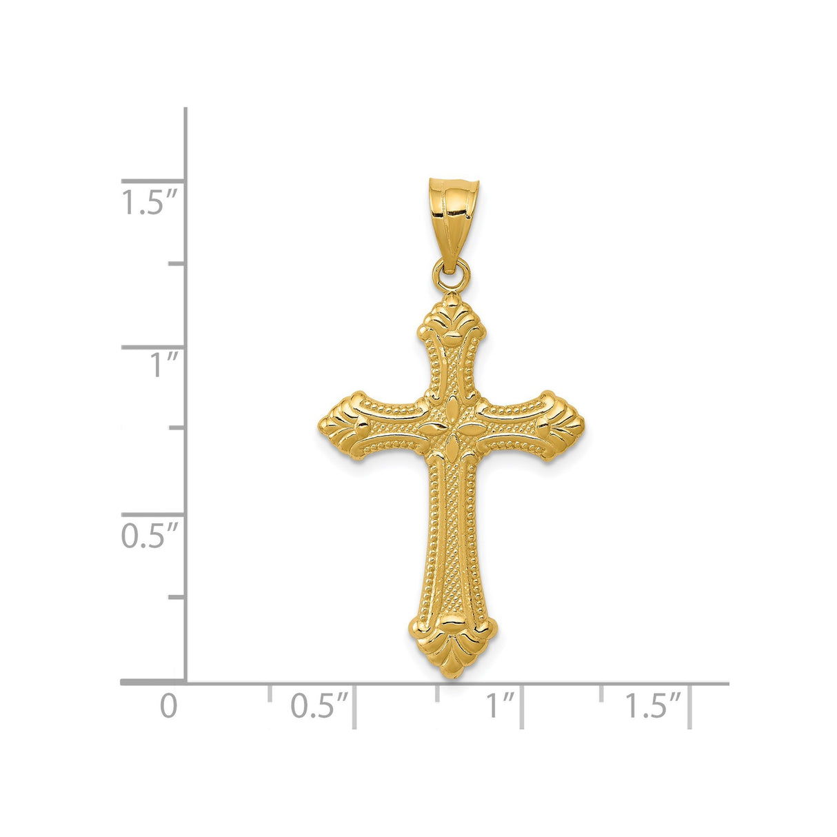 14k Yellow Gold Cross Pendant with Fleur De Lis and Textured Beading, Vintage Religious Charm