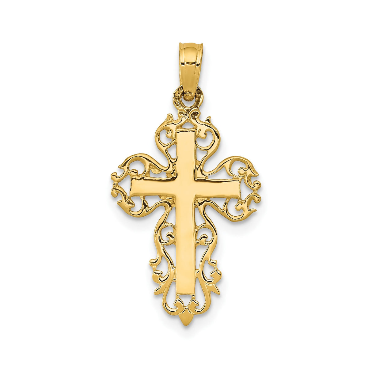 14k Yellow Gold Cross Pendant with Filigree Design, Latin Style Religious Charm