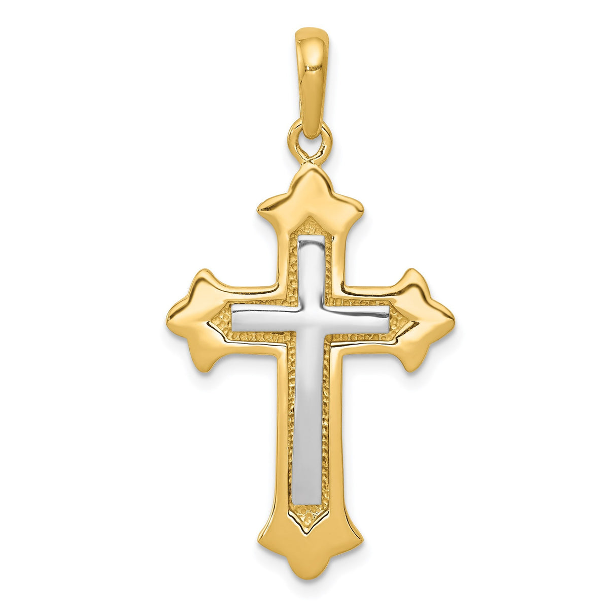 14k Two-Tone Gold Fleur De Lis Cross Pendant, Polished Religious Jewelry for Men and Women