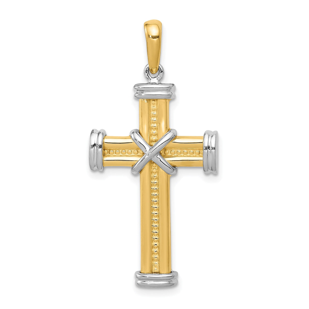 14k Two-Tone Gold Latin Cross Pendant with Beaded Center and Capped Ends