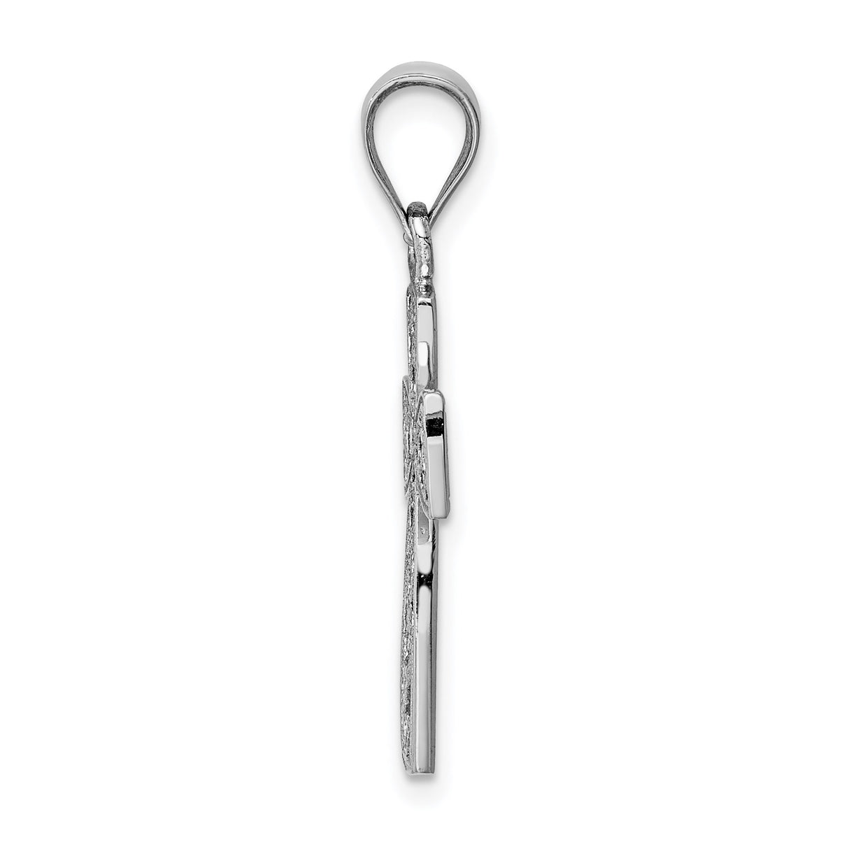 14k White Gold Latin Cross Pendant with Floral Scrollwork and Polished Finish