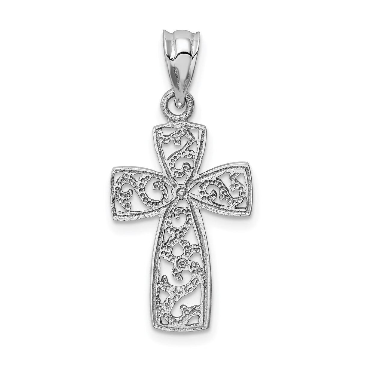 14k White Gold Latin Cross Pendant with Floral Scrollwork and Polished Finish