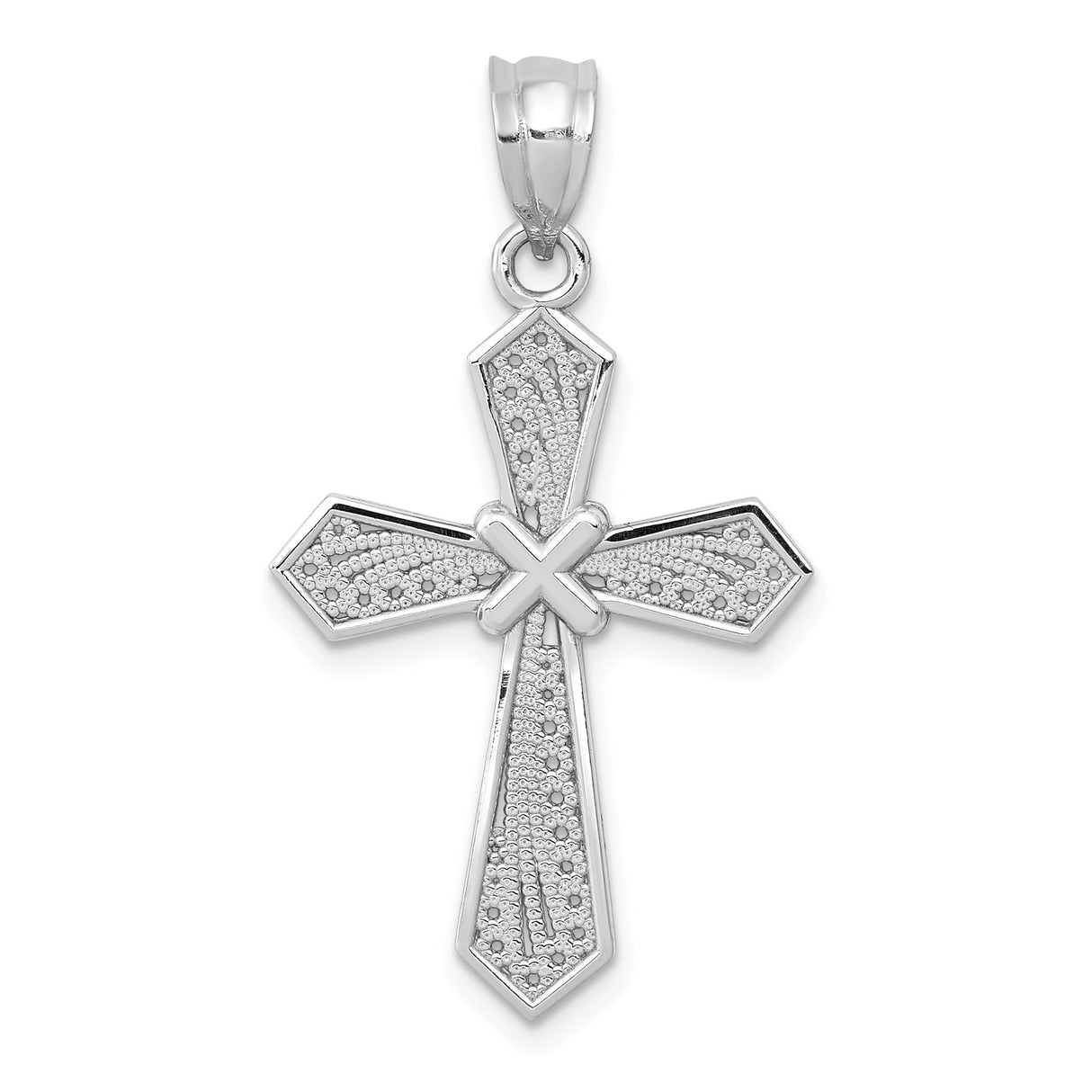 14k White Gold Cross Pendant with Diamond Accents, Beveled Edges, Modern Religious Design