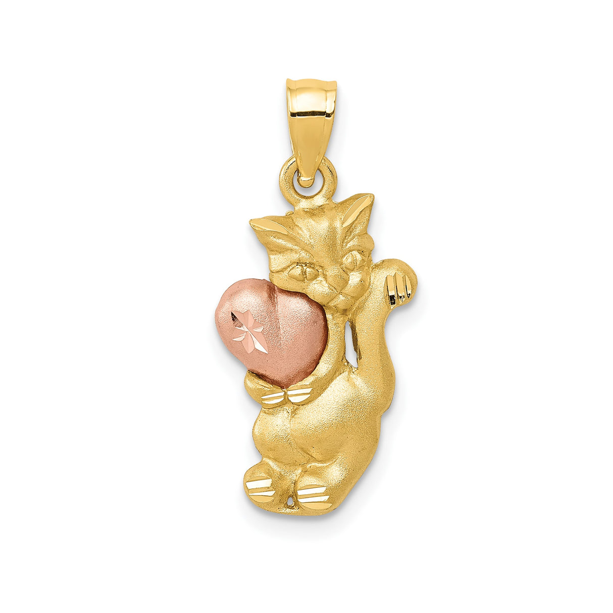 14k Two-Tone Gold Cat Pendant with Rose Gold Heart and Diamond Starburst Accent