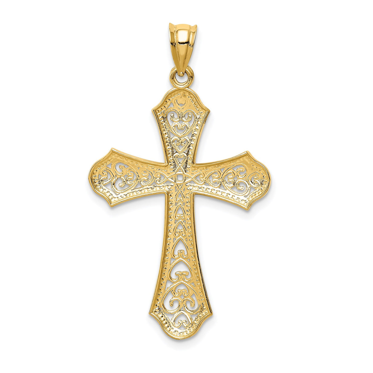 14k Multi-Tone Gold Cross Pendant with Scrollwork and Fleur de Lis Design