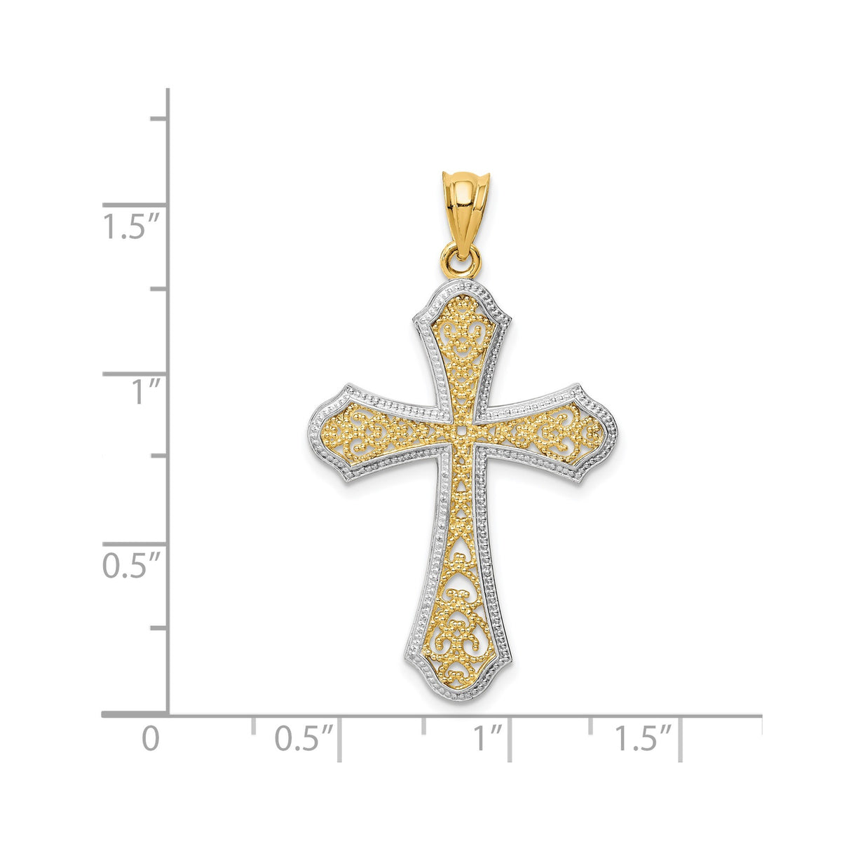14k Multi-Tone Gold Cross Pendant with Scrollwork and Fleur de Lis Design