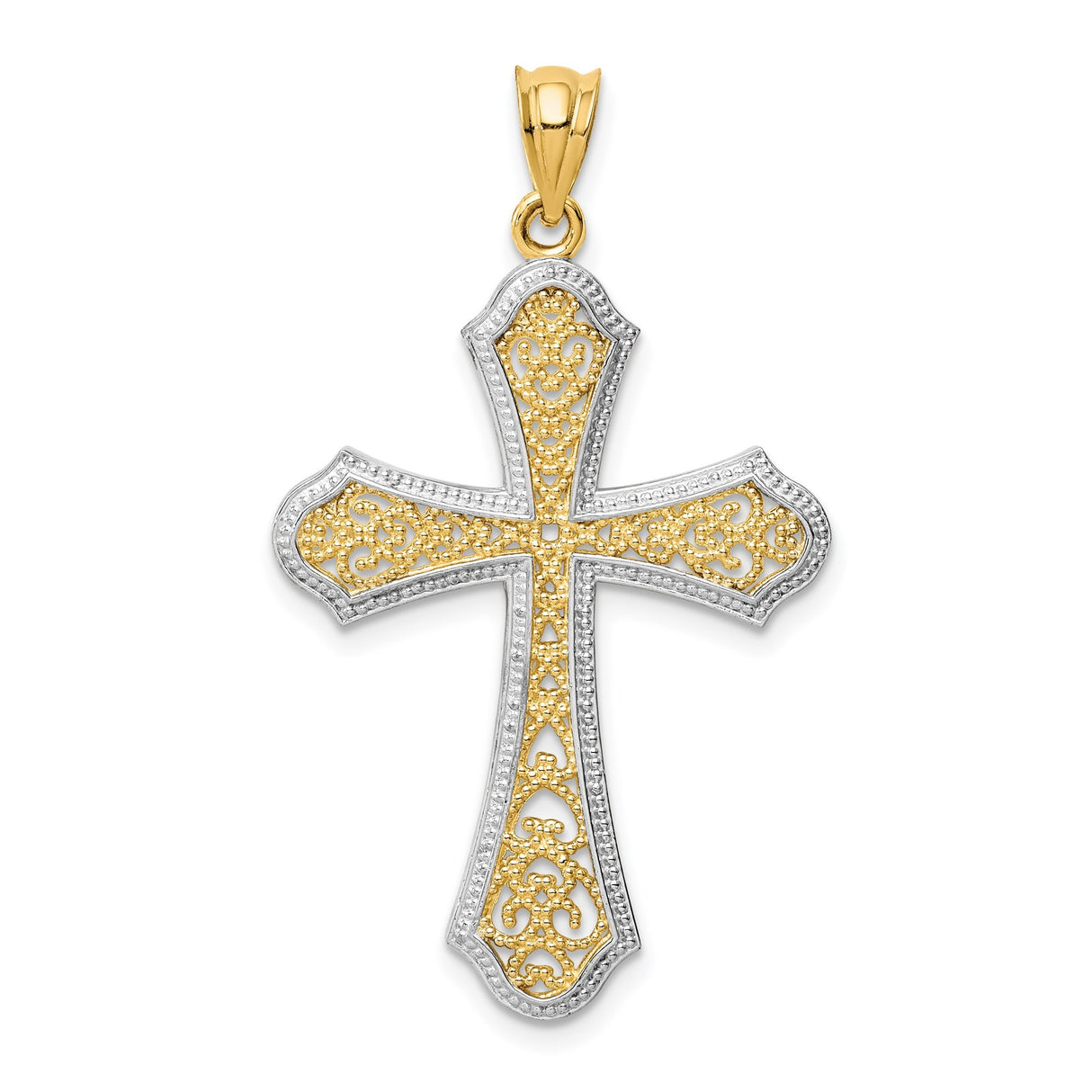 14k Multi-Tone Gold Cross Pendant with Scrollwork and Fleur de Lis Design